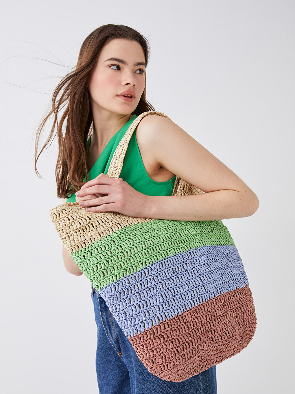 Әйелдерге арналған түрлі-түсті сабан иық сөмкесі-2