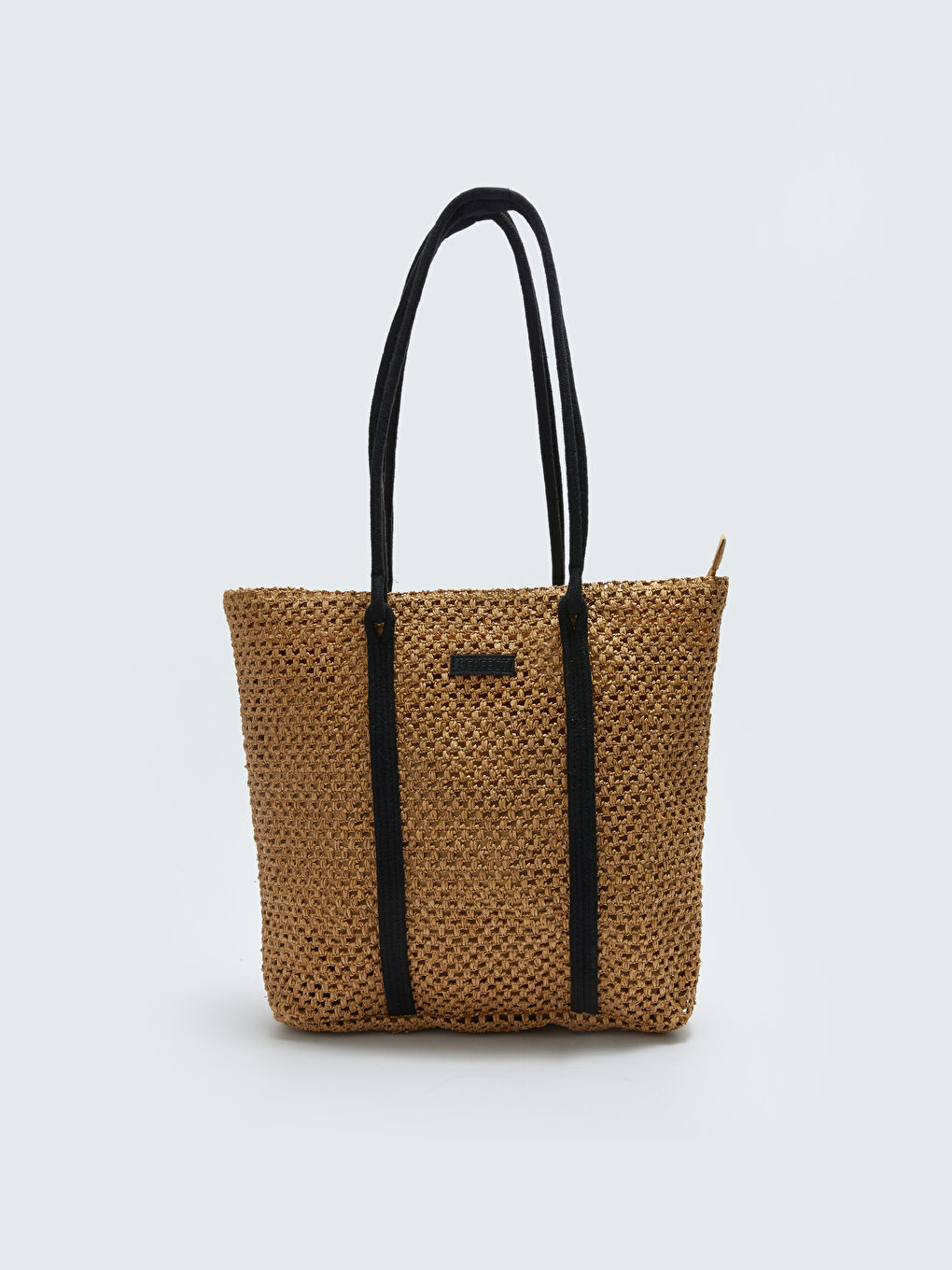 Bej Etiket Detaylı Hasır Kadın Omuz Çantası-3