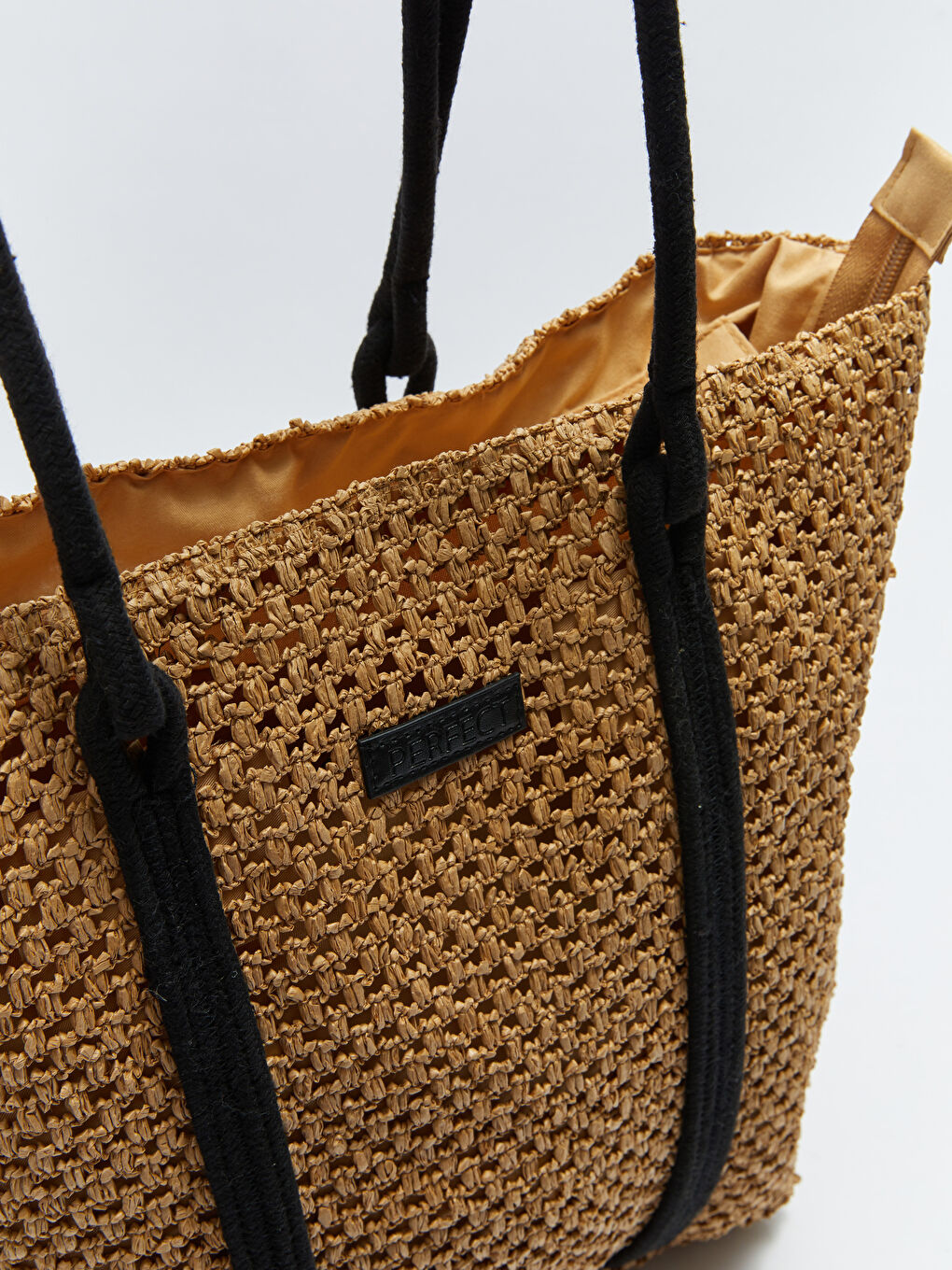 Bej Etiket Detaylı Hasır Kadın Omuz Çantası-6