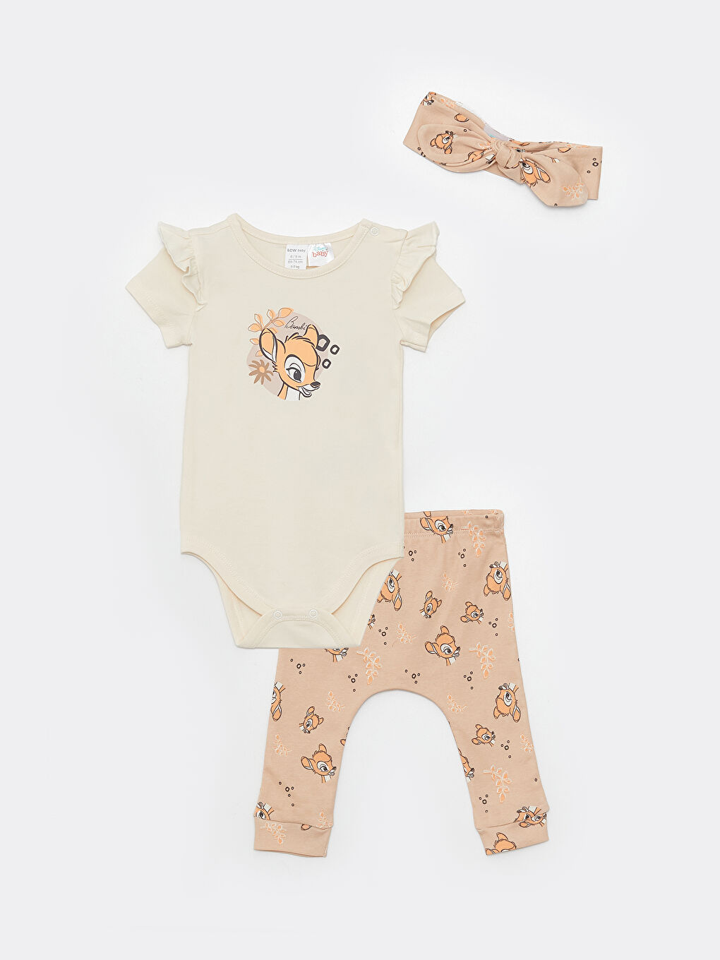 Crew Neck Short Sleeve Bambi Printed Baby Girl 3-Piece Set