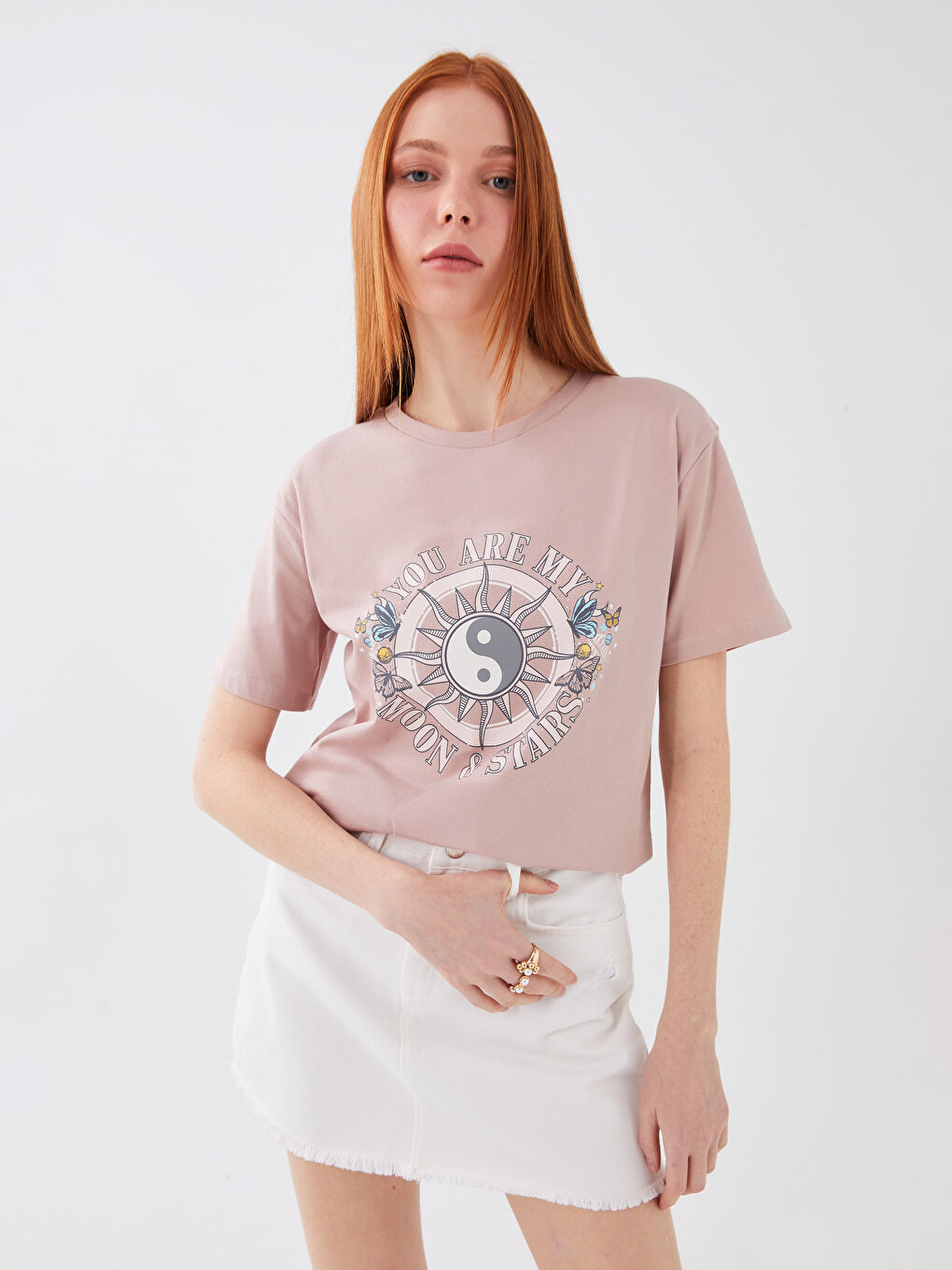 Pembe Bisiklet Yaka Baskılı Kısa Kollu Kadın Tişört