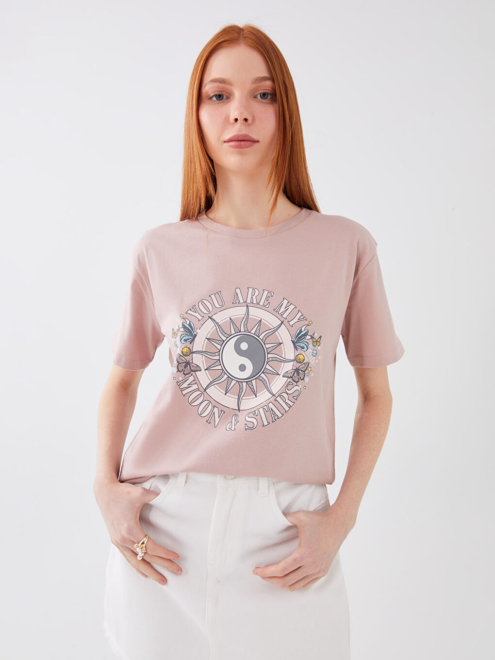 Pembe Bisiklet Yaka Baskılı Kısa Kollu Kadın Tişört-1