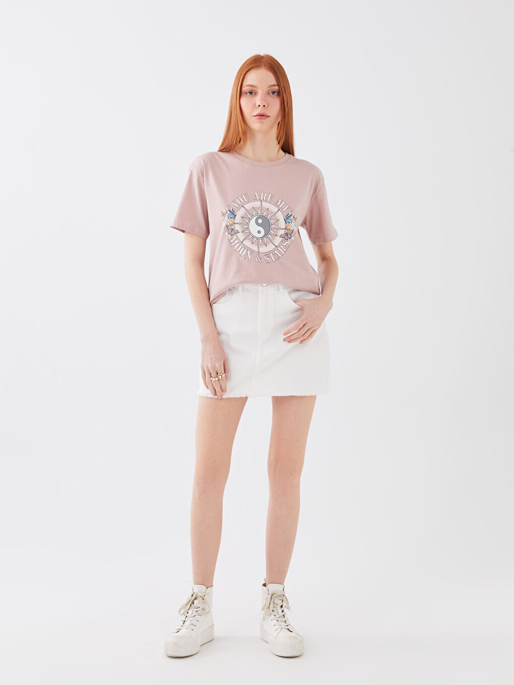 Pembe Bisiklet Yaka Baskılı Kısa Kollu Kadın Tişört-2