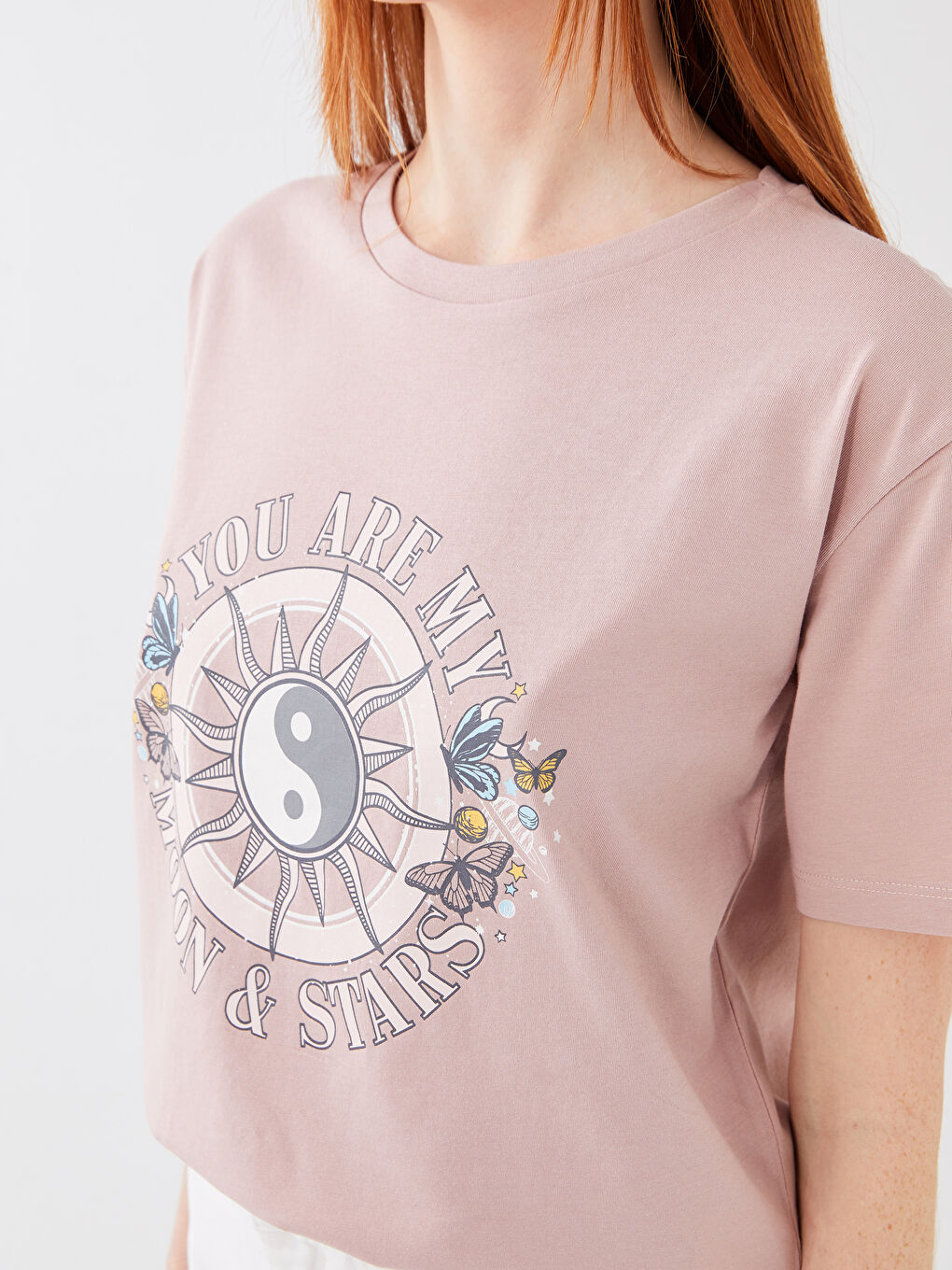 Pembe Bisiklet Yaka Baskılı Kısa Kollu Kadın Tişört-3