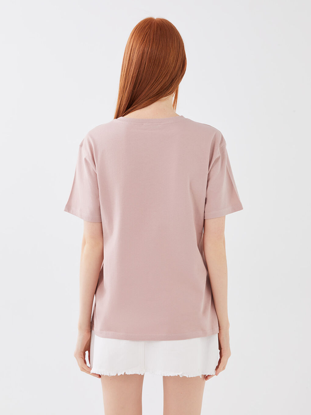 Pembe Bisiklet Yaka Baskılı Kısa Kollu Kadın Tişört-4