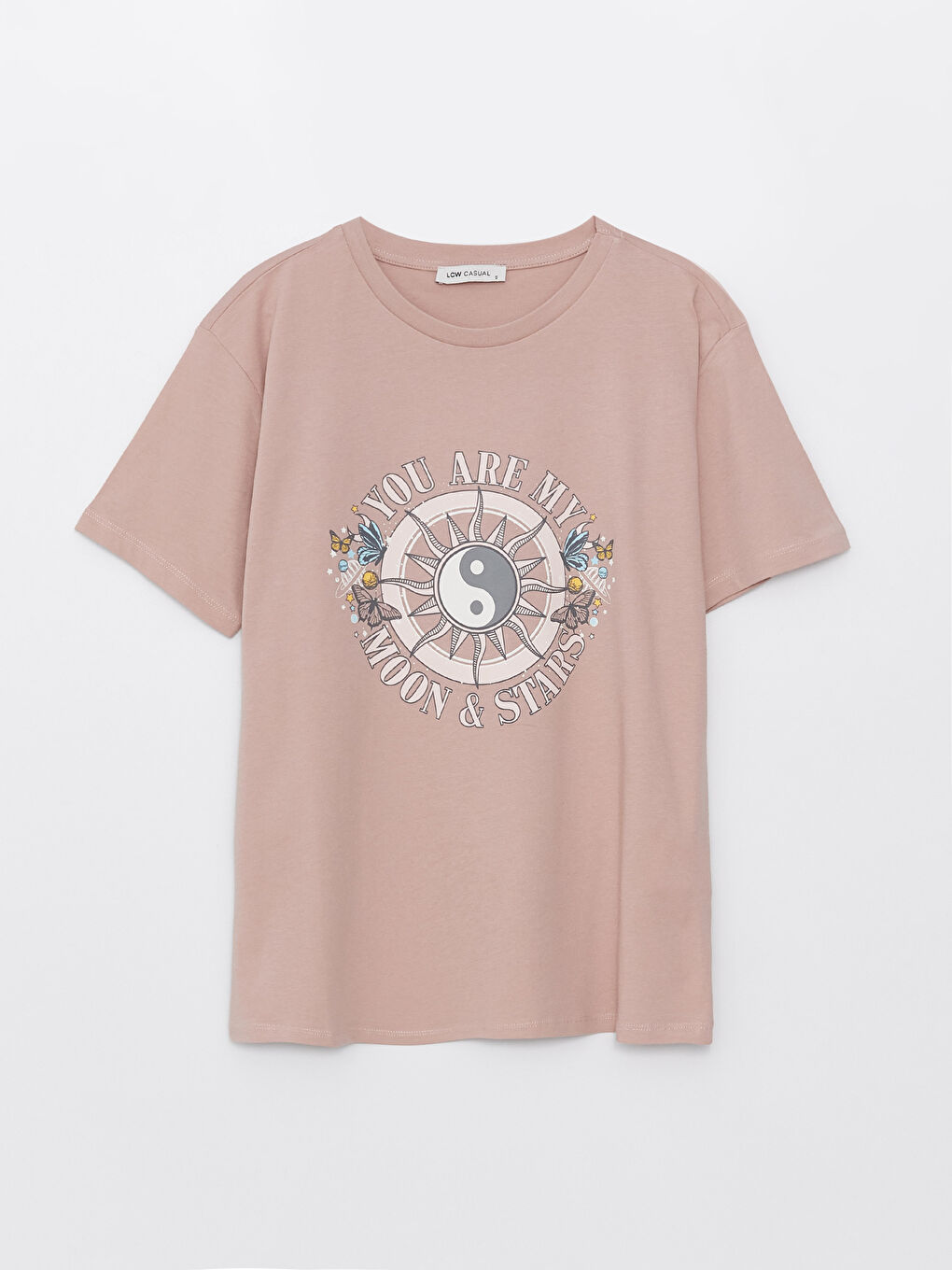 Pembe Bisiklet Yaka Baskılı Kısa Kollu Kadın Tişört-5