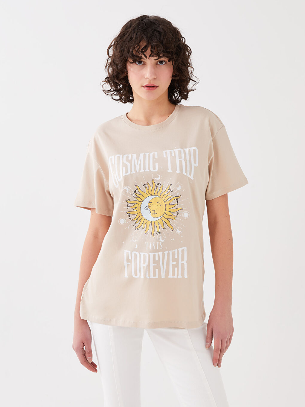 Tricou cu Guler Rotund Imprimat și Mânecă Scurtă pentru Femei-1