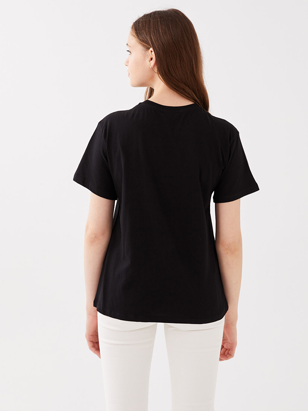 Siyah Bisiklet Yaka Baskılı Kısa Kollu Kadın Tişört-4