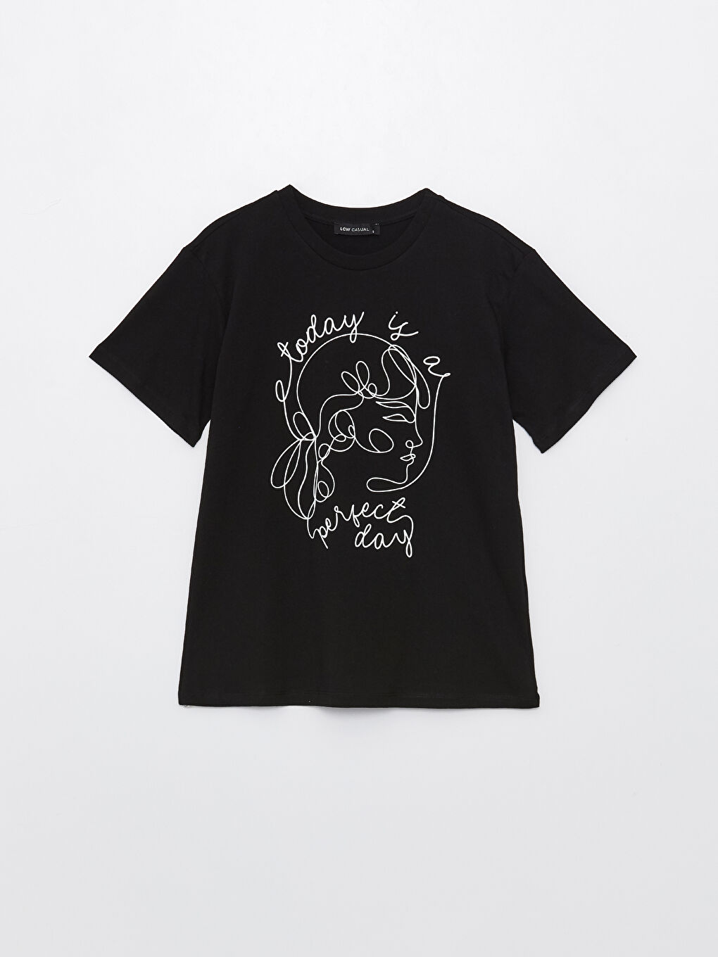 Siyah Bisiklet Yaka Baskılı Kısa Kollu Kadın Tişört-5