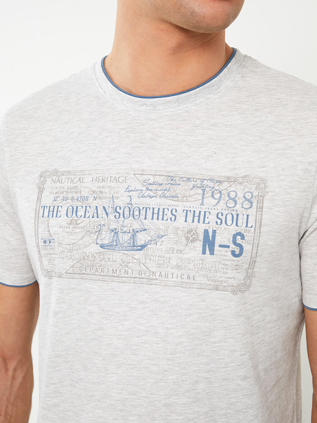 Bej Bisiklet Yaka Kısa Kollu Baskılı Penye Erkek Tişört-3