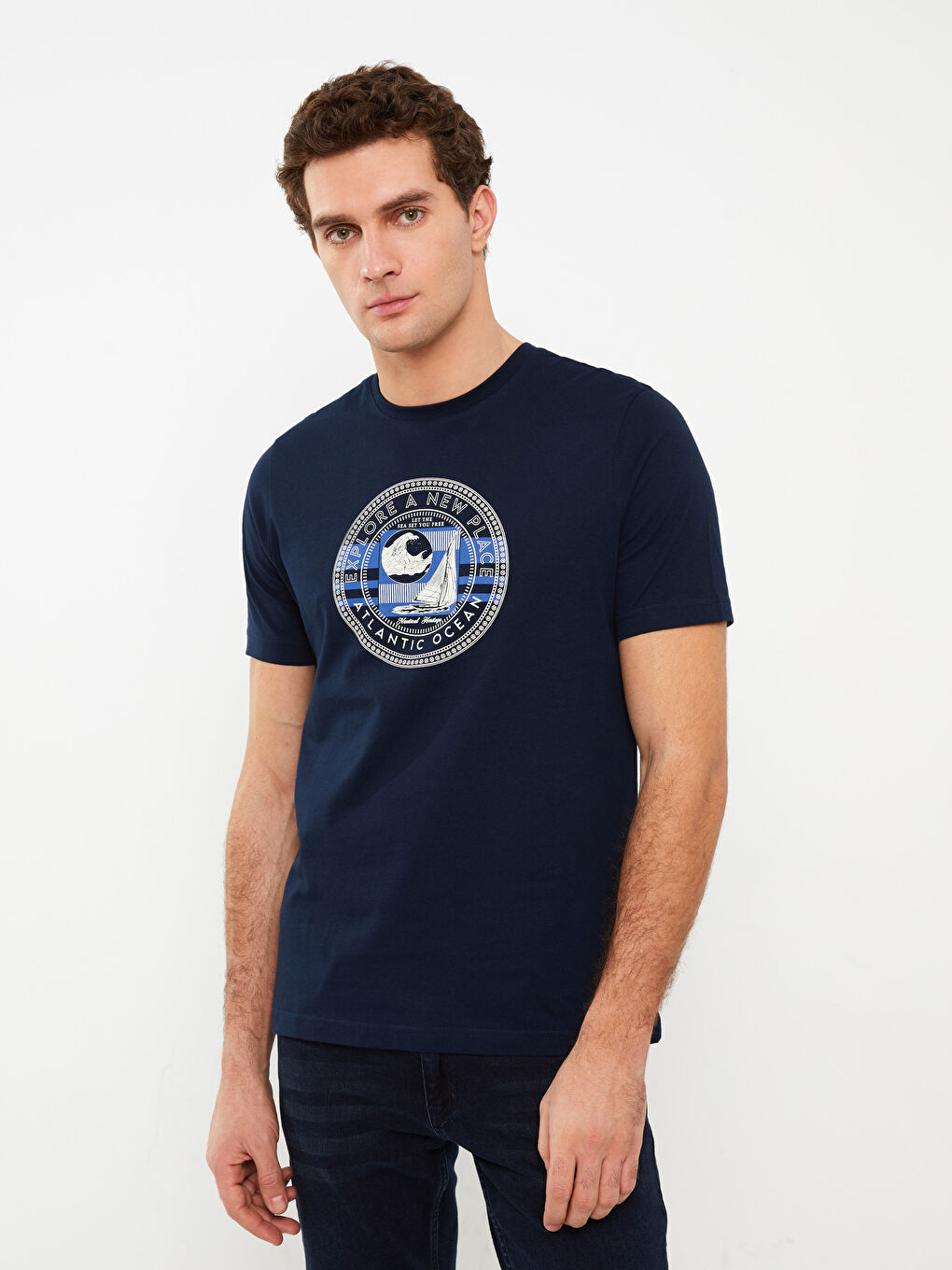 Lacivert Bisiklet Yaka Kısa Kollu Baskılı Penye Erkek Tişört-1