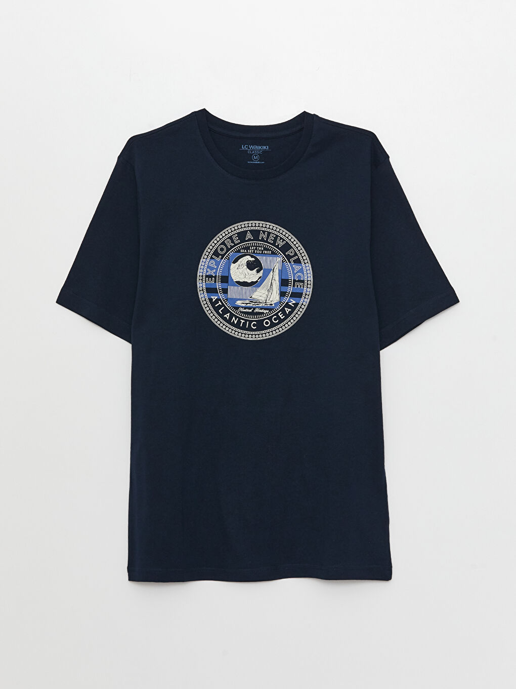 Lacivert Bisiklet Yaka Kısa Kollu Baskılı Penye Erkek Tişört-5