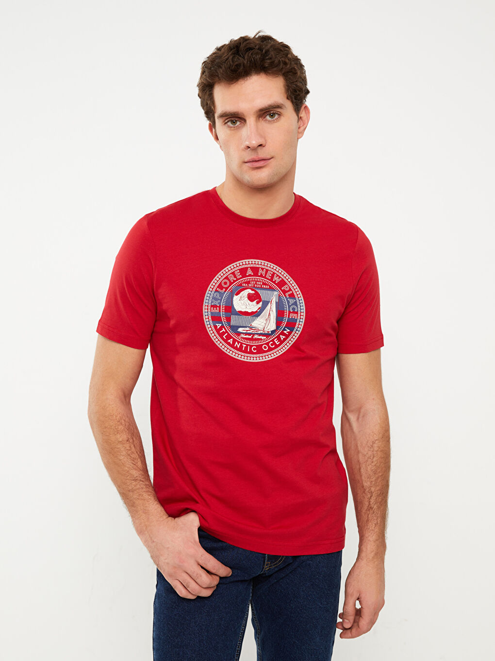Kırmızı Bisiklet Yaka Kısa Kollu Baskılı Penye Erkek Tişört