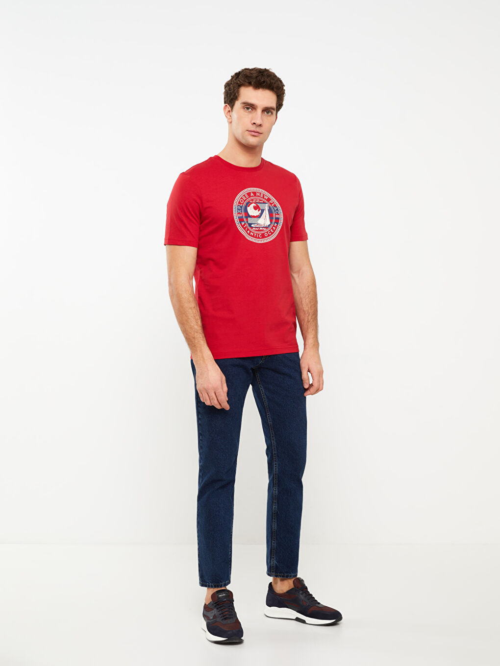 Kırmızı Bisiklet Yaka Kısa Kollu Baskılı Penye Erkek Tişört-1