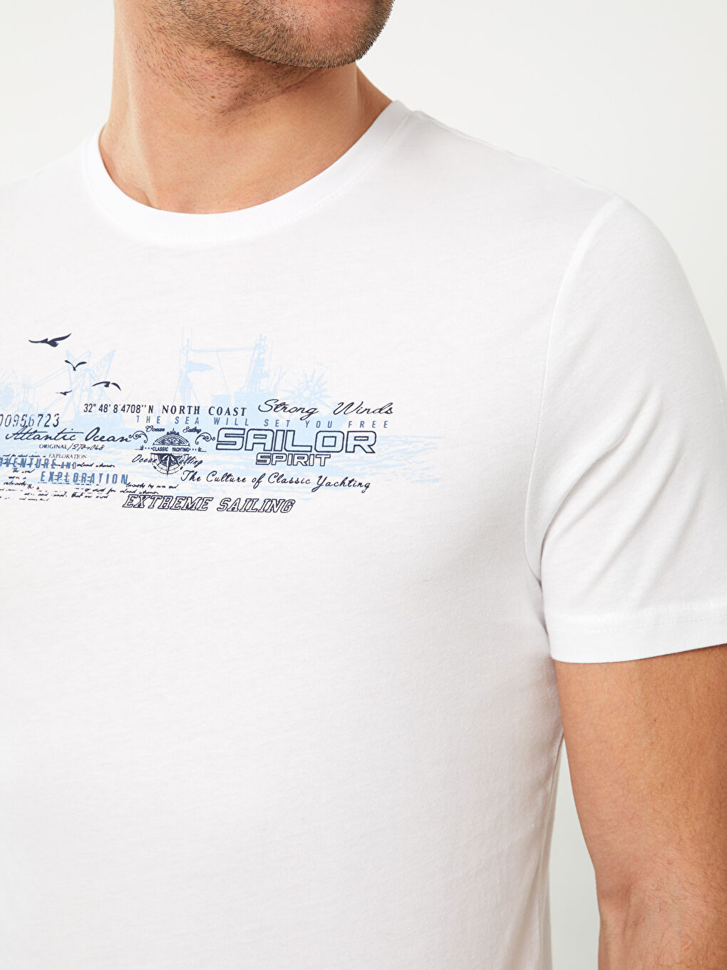 Beyaz Bisiklet Yaka Kısa Kollu Baskılı Penye Erkek Tişört-3