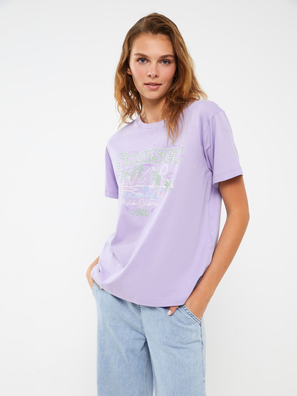 Lila Bisiklet Yaka Baskılı Kısa Kollu Kadın Tişört
