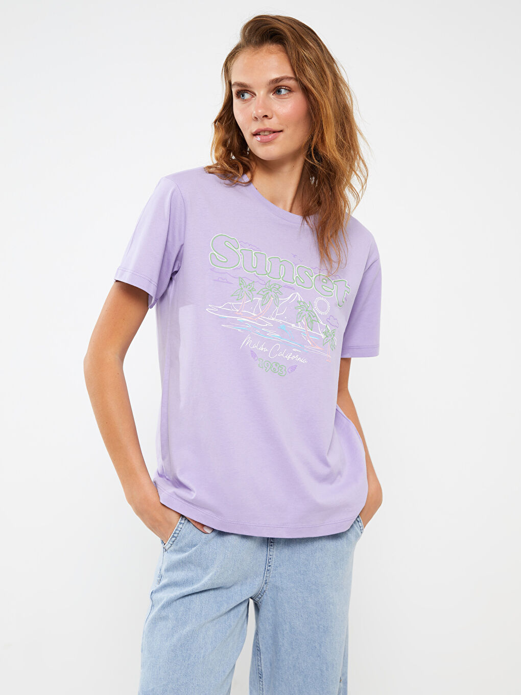 Lila Bisiklet Yaka Baskılı Kısa Kollu Kadın Tişört-1