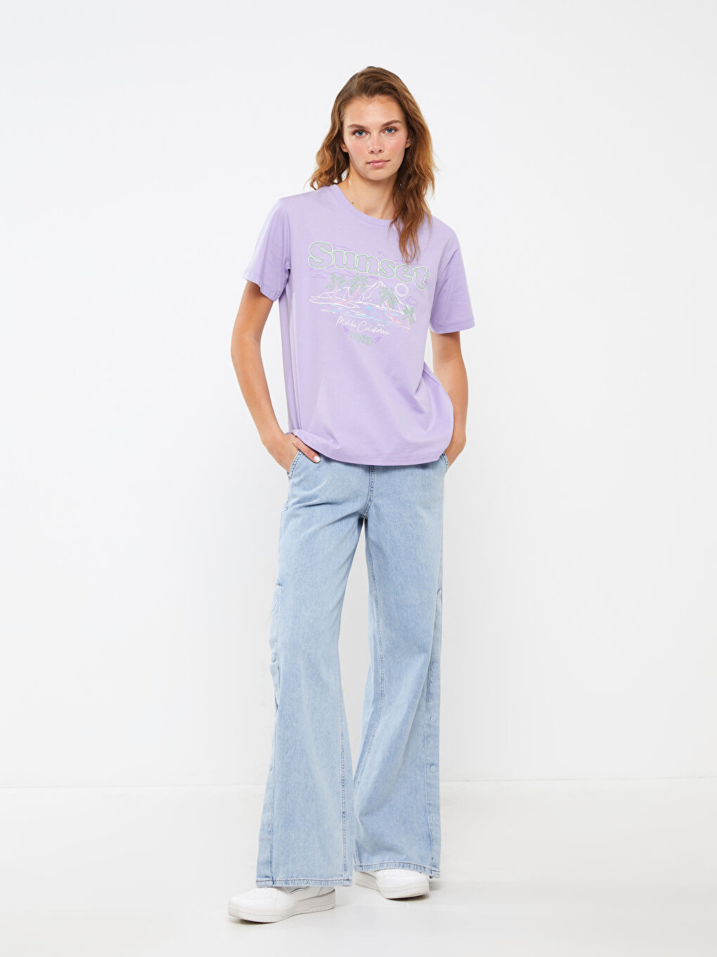 Lila Bisiklet Yaka Baskılı Kısa Kollu Kadın Tişört-2