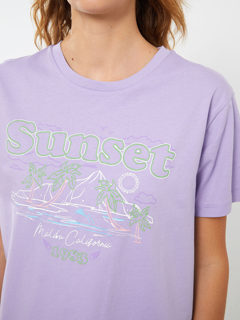 Lila Bisiklet Yaka Baskılı Kısa Kollu Kadın Tişört-3