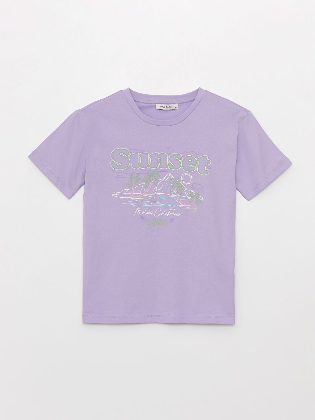 Lila Bisiklet Yaka Baskılı Kısa Kollu Kadın Tişört-5