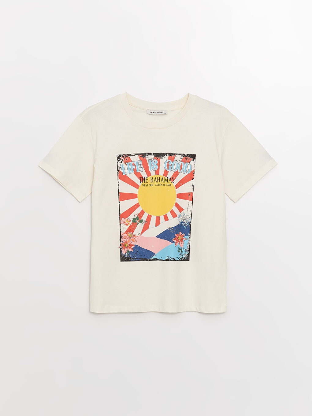 Ekru Bisiklet Yaka Baskılı Kısa Kollu Kadın Tişört-5