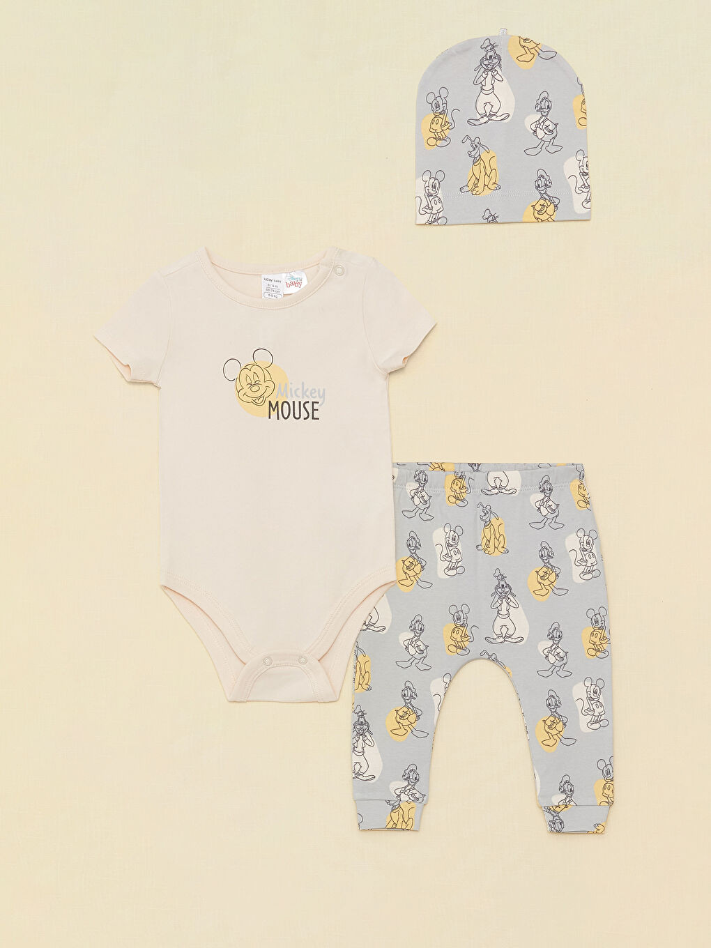 Bej Bisiklet Yaka Mickey Mouse Baskılı Erkek Bebek 3'lü Takım