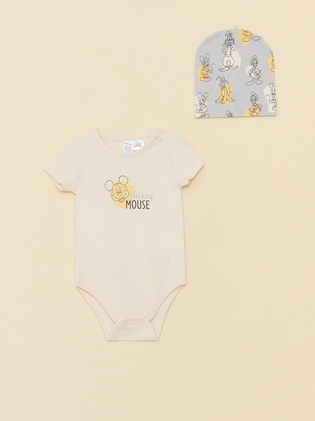 Bej Bisiklet Yaka Mickey Mouse Baskılı Erkek Bebek 3'lü Takım-1