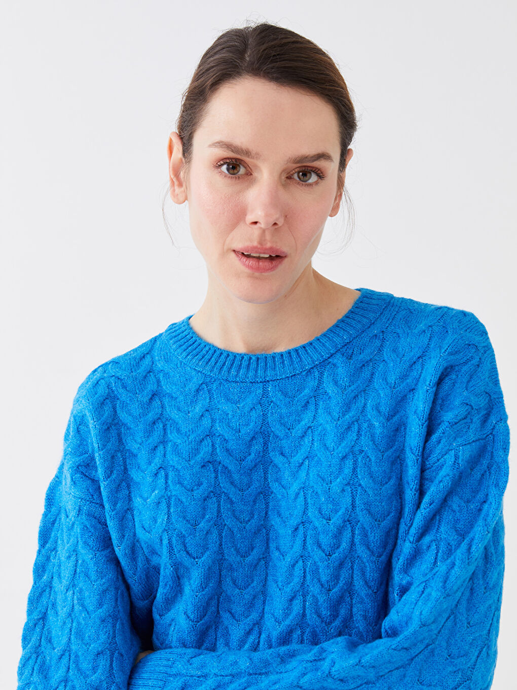 Crew Neck Self Patterned Long Sleeve Women's Tricot Sweater -S39553Z8-DLT
