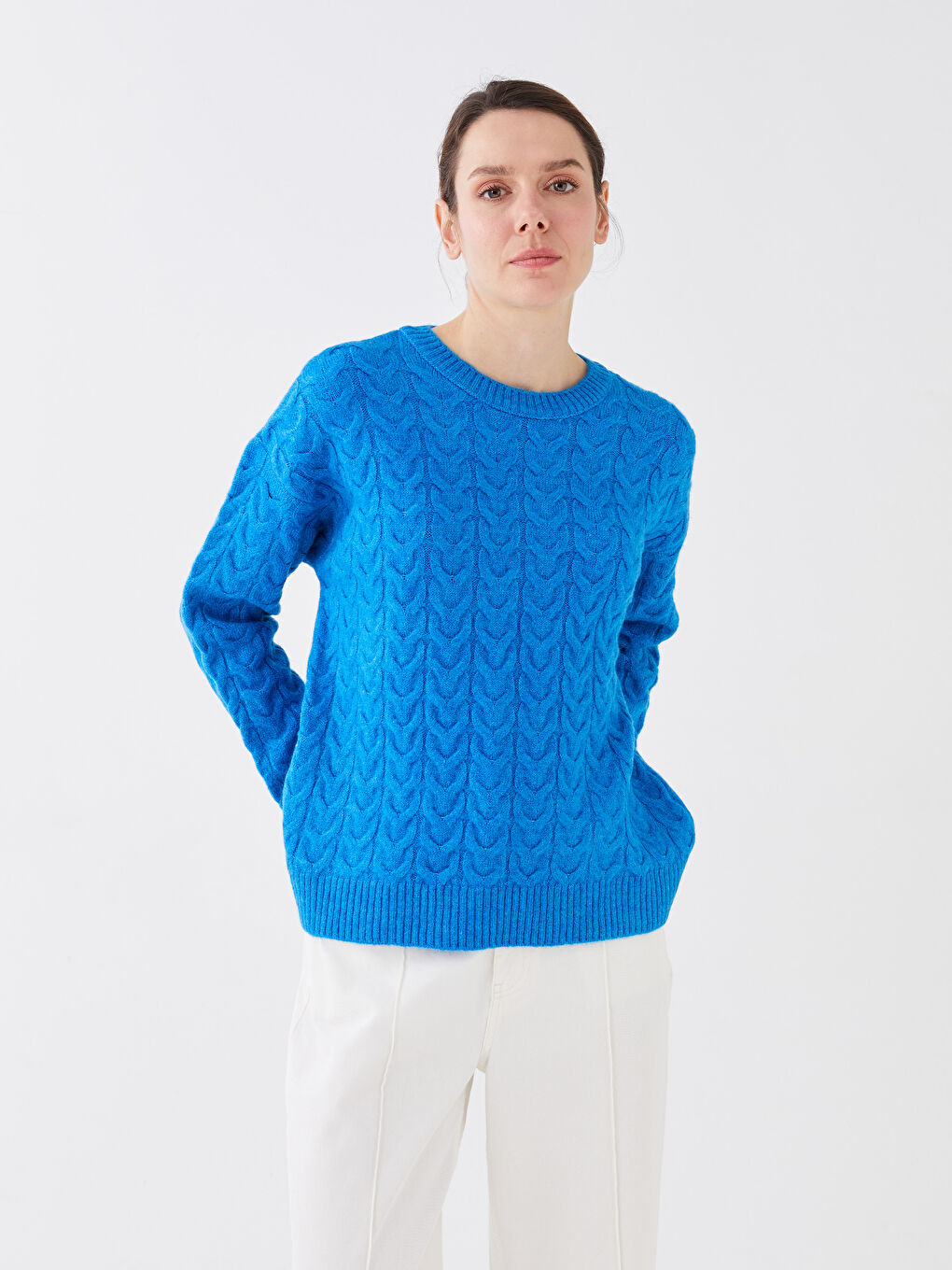 Crew Neck Self Patterned Long Sleeve Women's Tricot Sweater -S39553Z8-DLT