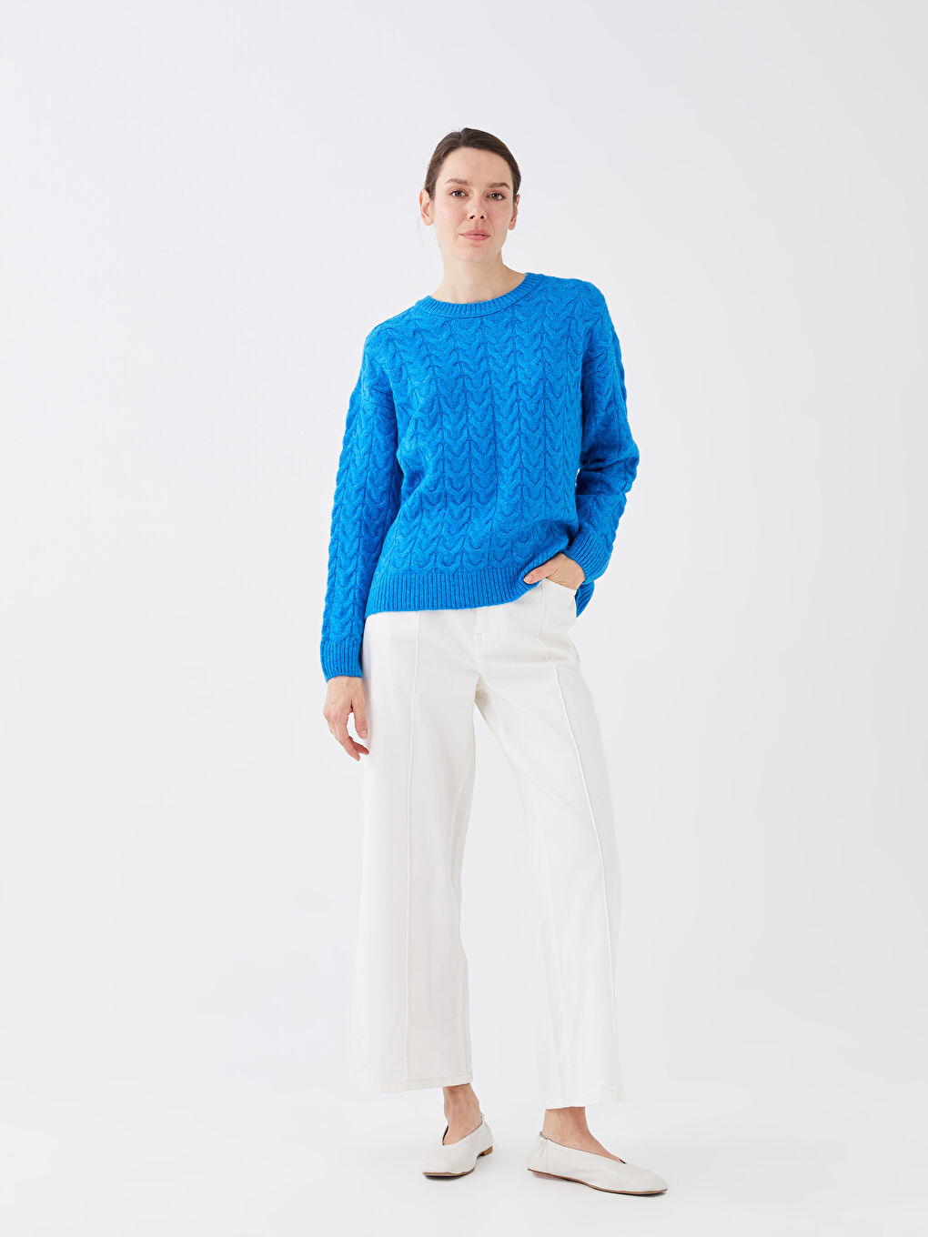 Crew Neck Self Patterned Long Sleeve Women's Tricot Sweater -S39553Z8-DLT