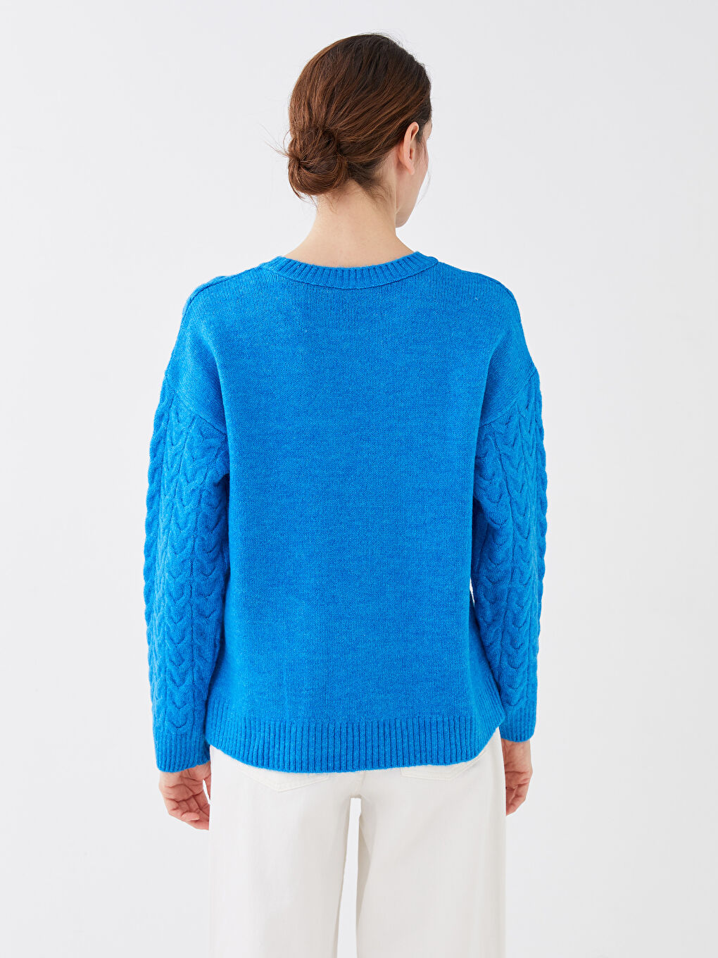 Crew Neck Self Patterned Long Sleeve Women's Tricot Sweater -S39553Z8-DLT