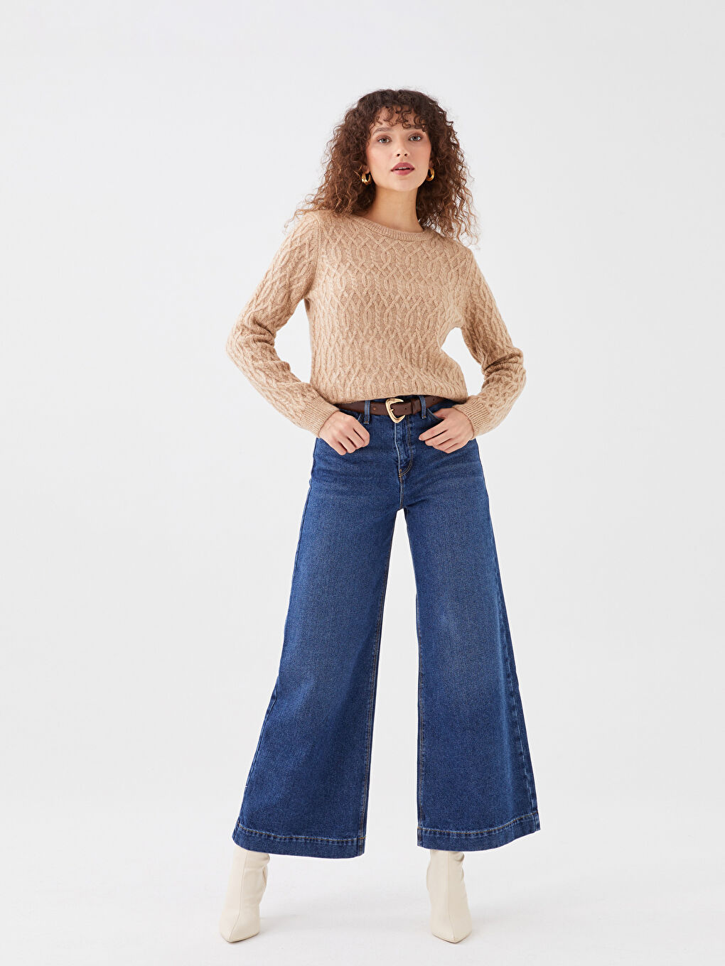 Kahverengi Bisiklet Yaka Kendinden Desenli Uzun Kollu Kadın Triko Kazak-1