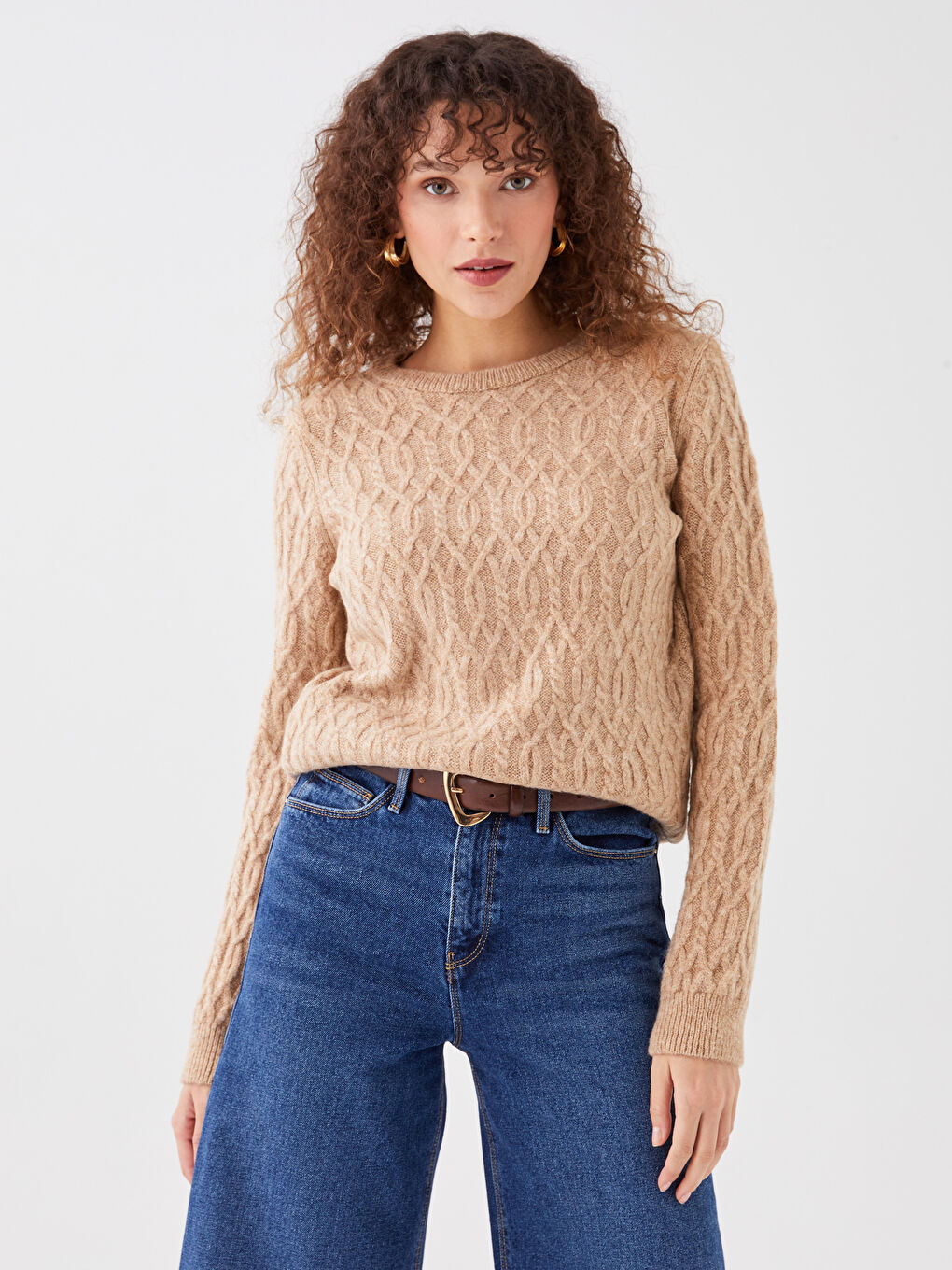 Kahverengi Bisiklet Yaka Kendinden Desenli Uzun Kollu Kadın Triko Kazak-2