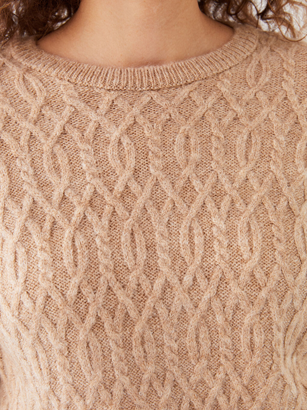 Kahverengi Bisiklet Yaka Kendinden Desenli Uzun Kollu Kadın Triko Kazak-3