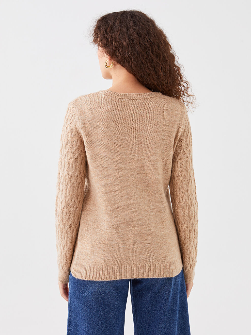 Kahverengi Bisiklet Yaka Kendinden Desenli Uzun Kollu Kadın Triko Kazak-4