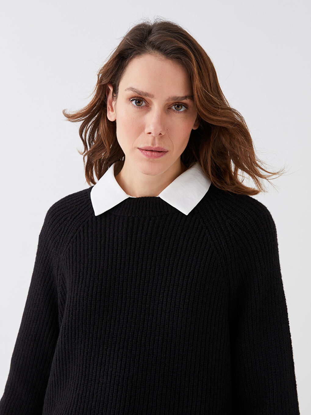 Siyah Bisiklet Yaka Düz Uzun Kollu Kadın Triko Kazak-2