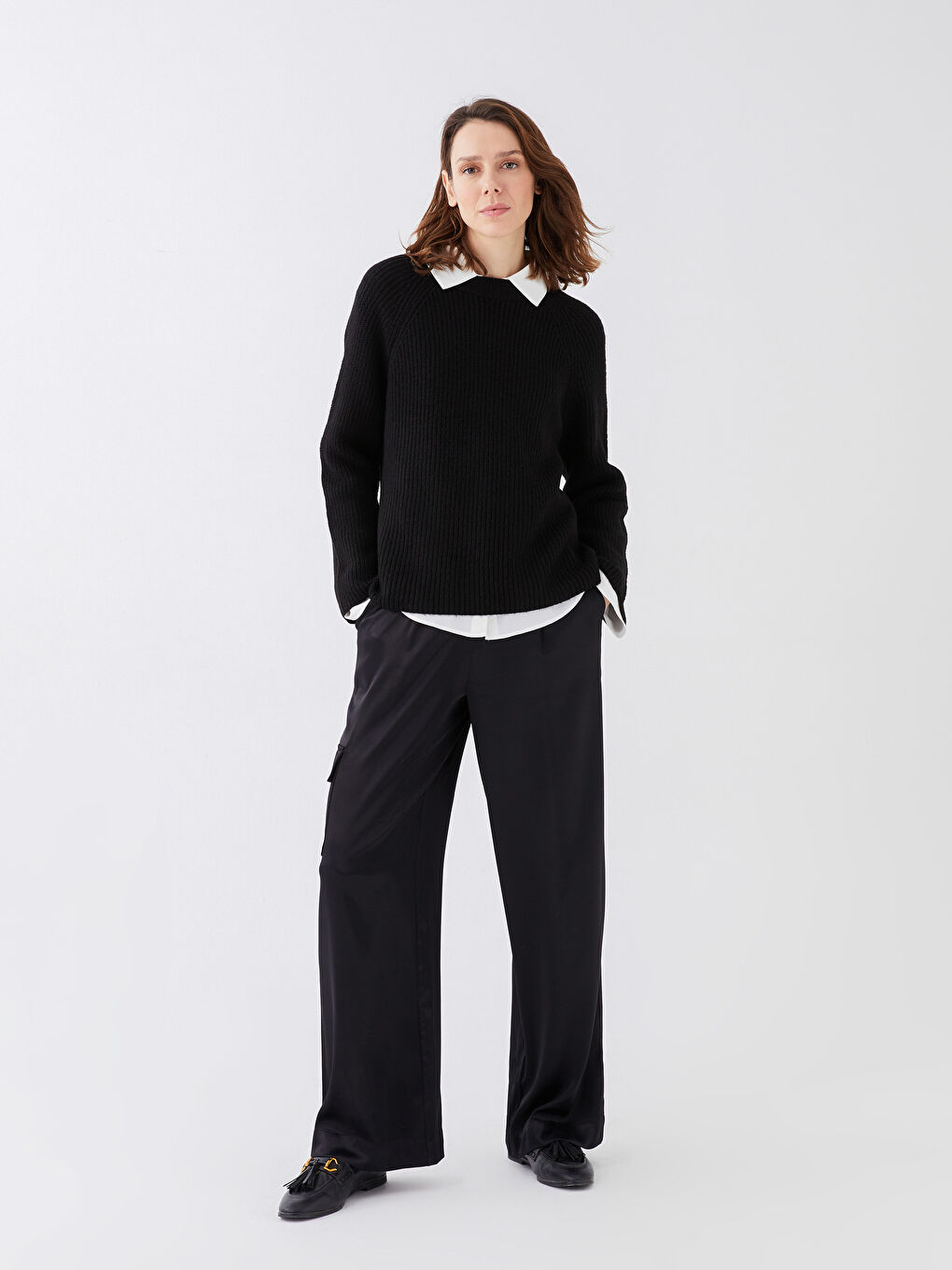 Siyah Bisiklet Yaka Düz Uzun Kollu Kadın Triko Kazak-3