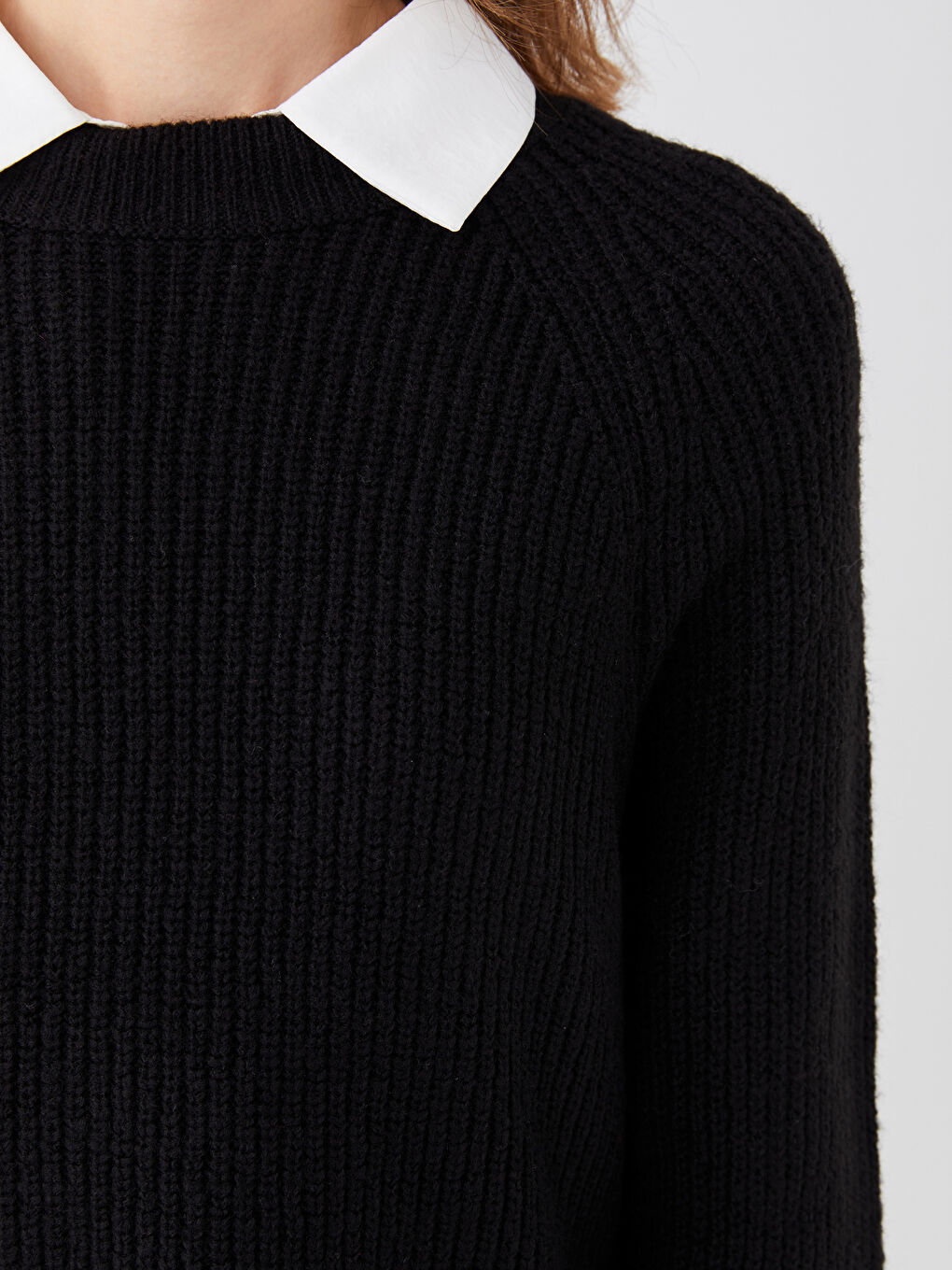 Siyah Bisiklet Yaka Düz Uzun Kollu Kadın Triko Kazak-4