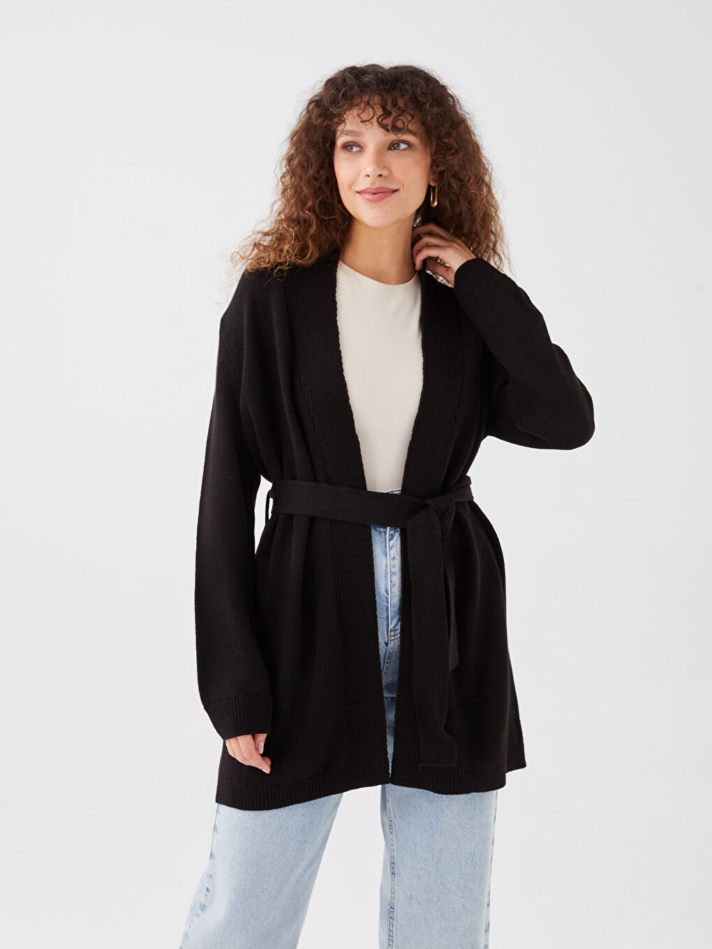 Cardigan en Tricot à Col Châle Uni à Manches Longues pour Femmes-1