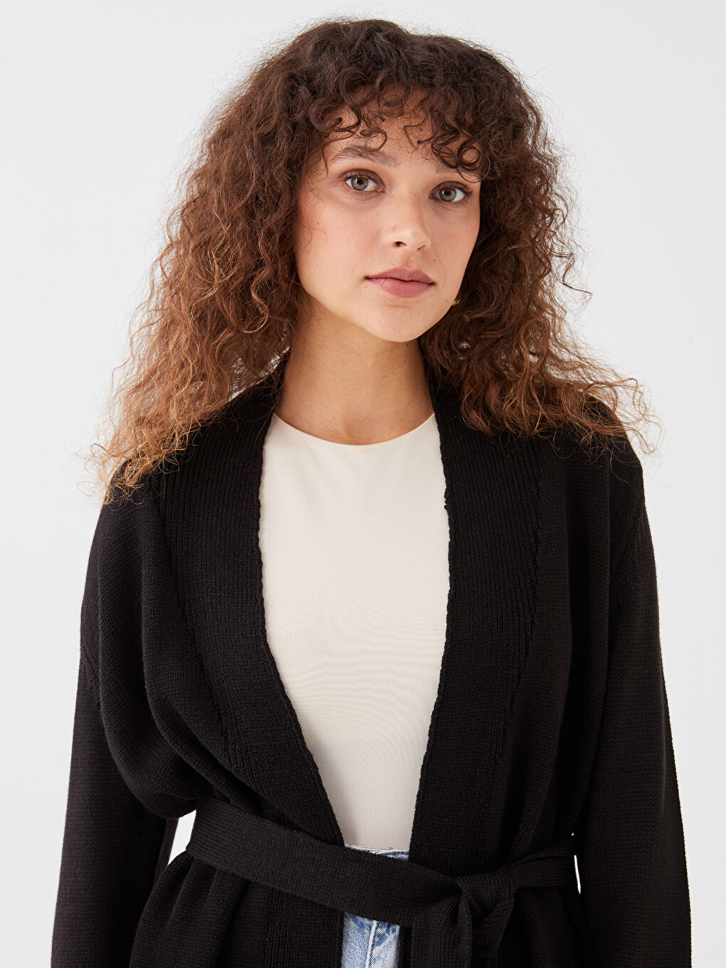 Cardigan en Tricot à Col Châle Uni à Manches Longues pour Femmes-2