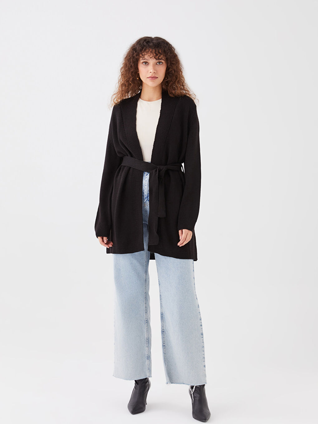 Cardigan en Tricot à Col Châle Uni à Manches Longues pour Femmes-4