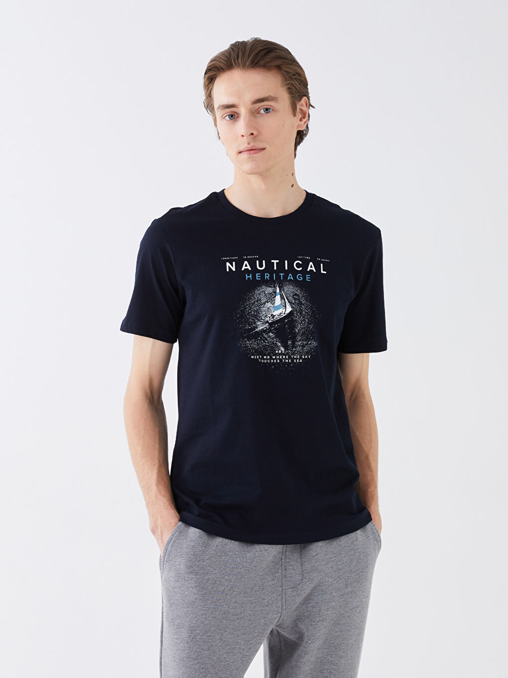 Lacivert Bisiklet Yaka Kısa Kollu Baskılı Penye Erkek Tişört