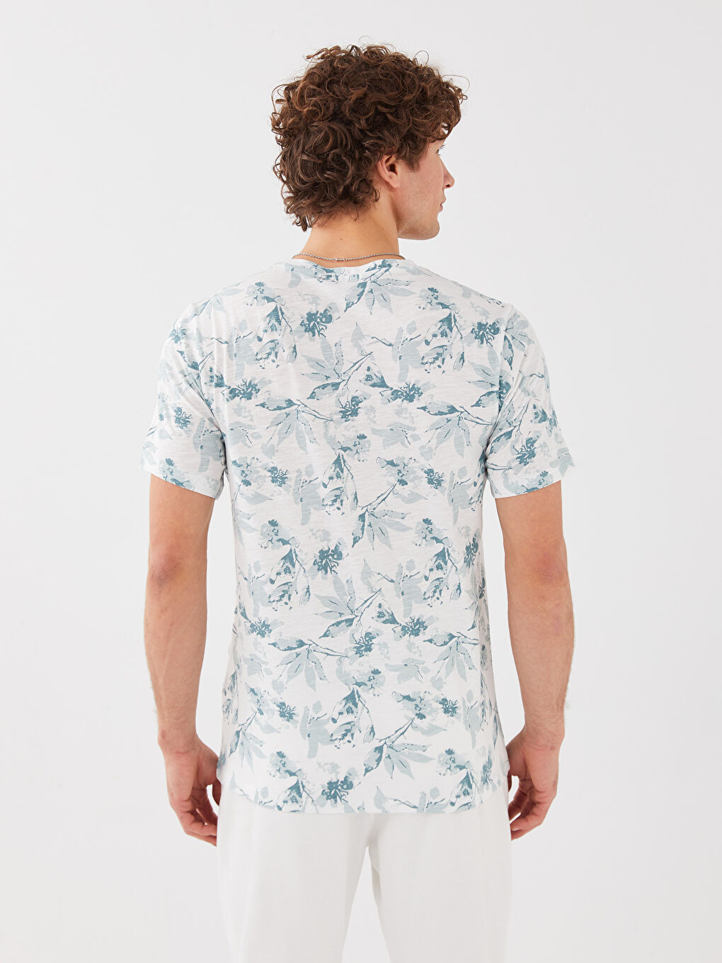 Beyaz Bisiklet Yaka Kısa Kollu Desenli Penye Erkek Tişört-4