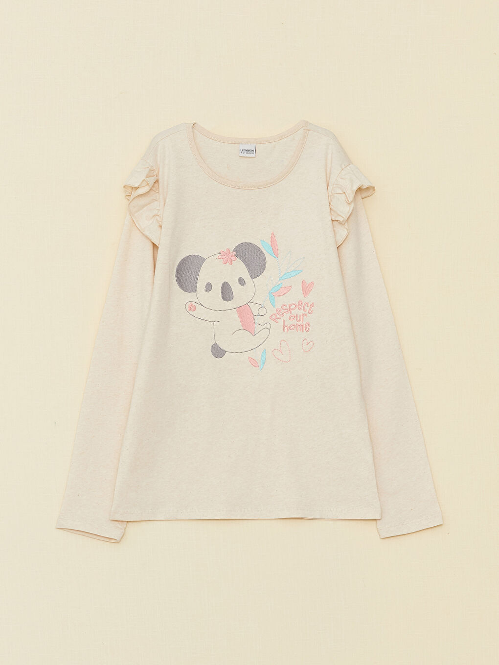 LCW Kids Тениска с кръгло деколте, бродирана, с дълъг ръкав за момичета -S39577Z4-S23