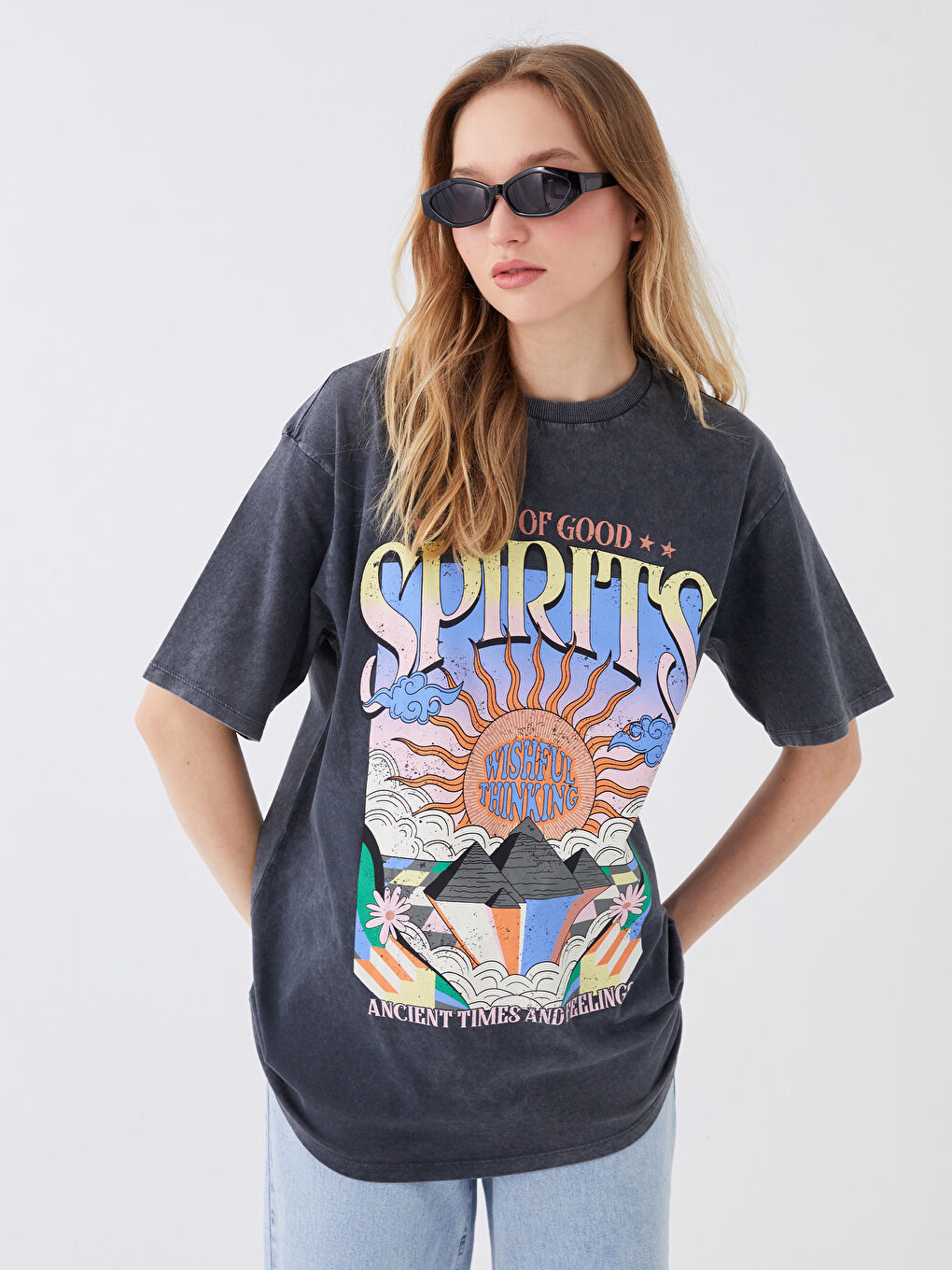 Bisiklet Yaka Baskılı Kısa Kollu Oversize Kadın Tişört-1