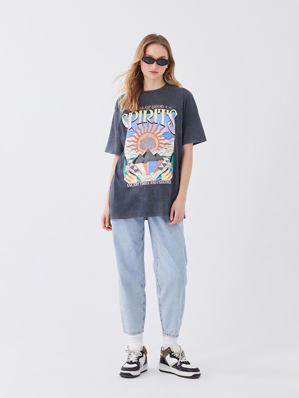 Bisiklet Yaka Baskılı Kısa Kollu Oversize Kadın Tişört-2