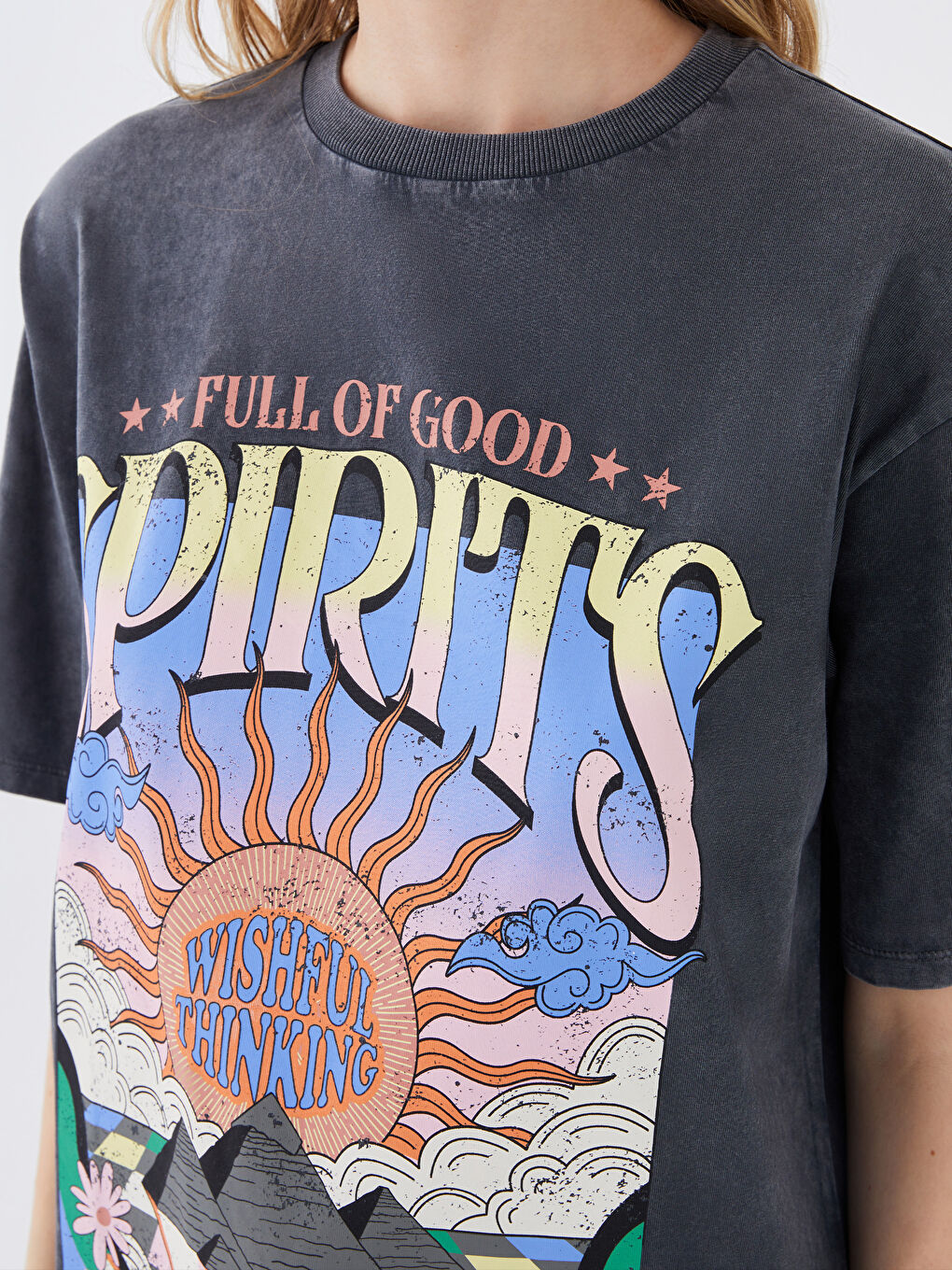 Bisiklet Yaka Baskılı Kısa Kollu Oversize Kadın Tişört-3