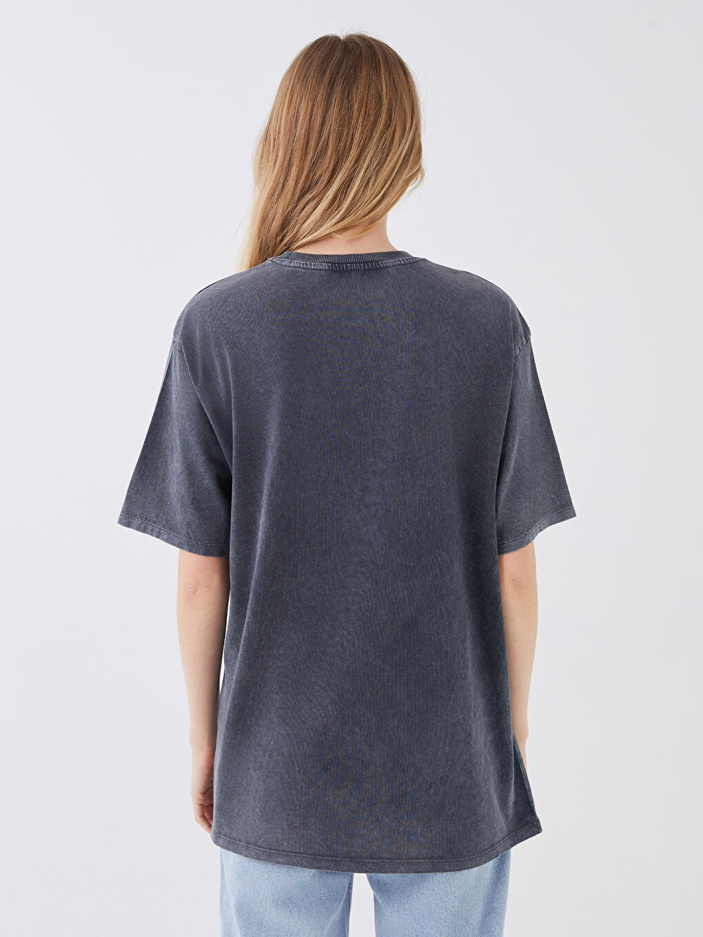 Bisiklet Yaka Baskılı Kısa Kollu Oversize Kadın Tişört-4