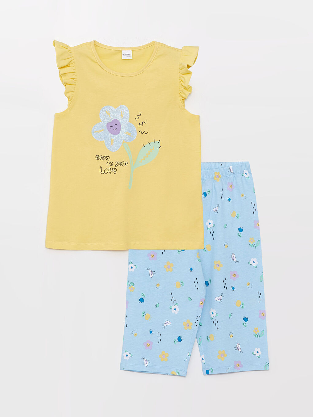 Sarı Bisiklet Yaka Baskılı Kısa Kollu Kız Çocuk Pijama Takımı