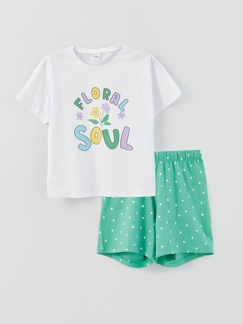 Crew Neck Printed Short Sleeve Girls' Pyjama Set with Shorts